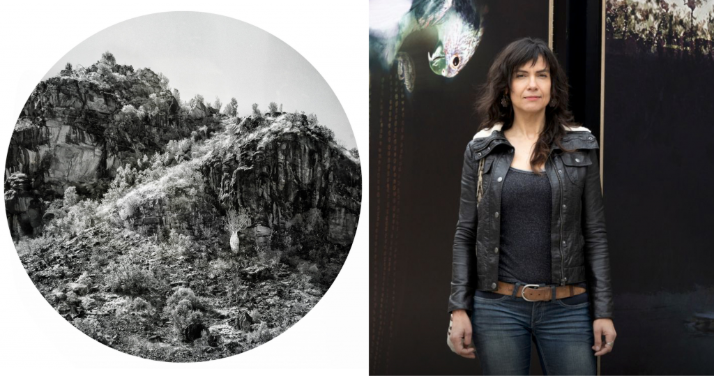 Left: Judith Nangala Crispin - A woman standing outside (at the Australian National University), against a dark background, she has dark shoulder length hair, and is wearing a black leather jacket, and jeans, and looks strong. The background shows parts of her lumen artwork, we see  the head and beak of a bird in the top left hand corner. Right: Judith's photograph shows finely focused hills covered in scrubby vegetation taking up the whole circular frame and at the bottom of the hill is a white boab, our impression is the tree (which would be huge) seems small against the hills.